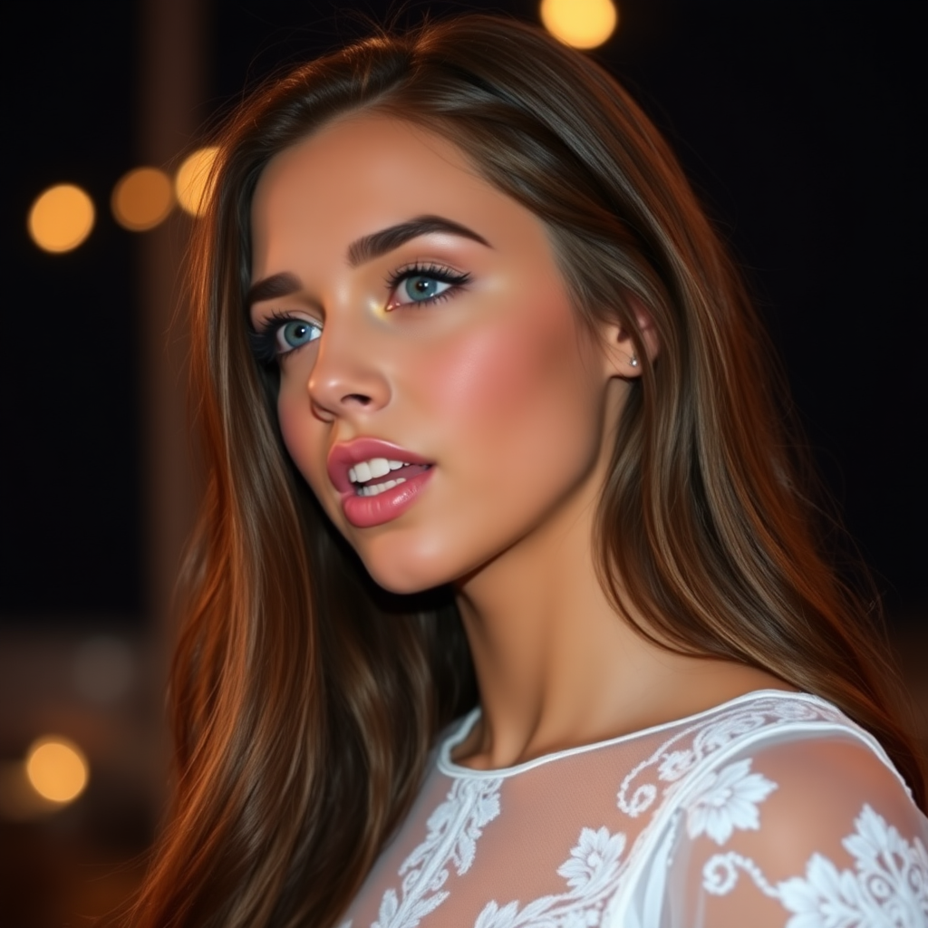 a young woman singing. long brunette hair with highlights, bright blue eyes. suntanned skin. small lips colored pale rose. looking to the side. wearing an elegant long white dress with transparent lace. view from far. night sky in background. photo