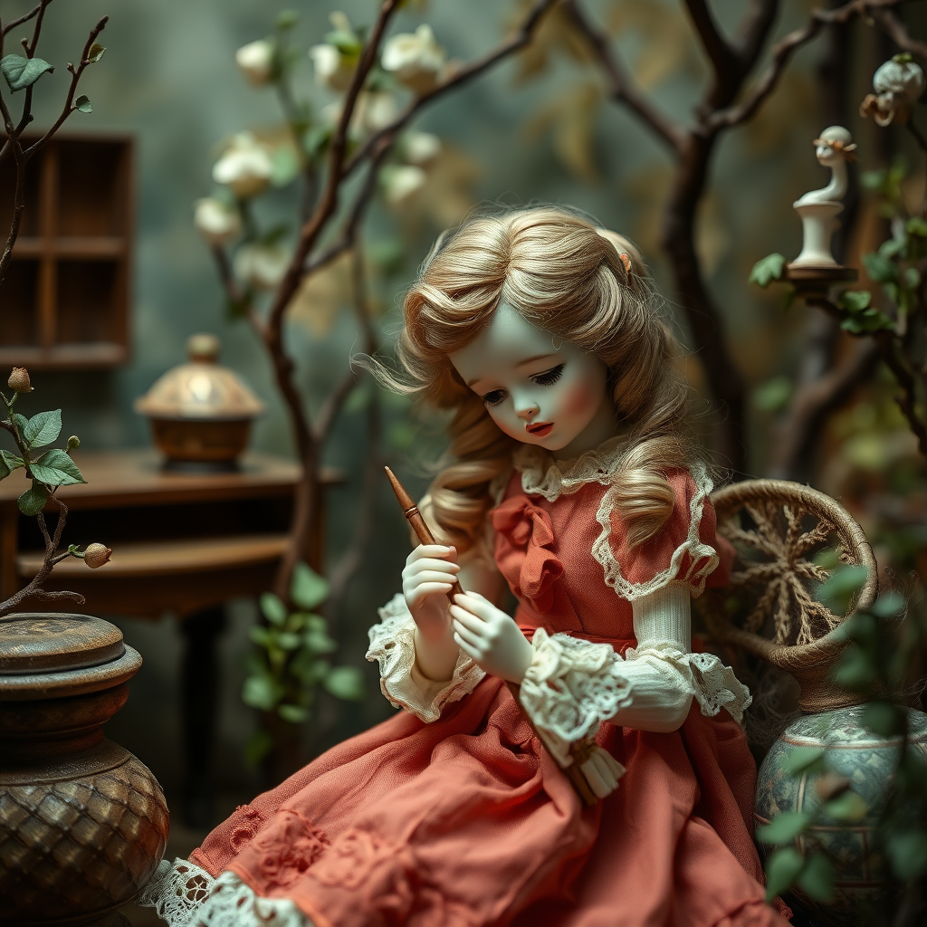 a porcelain doll playing, artists doll, high quality photo, intricate environment, ultra-detailed, impressionistic, dynamic composition, artistic photograph, matte texture