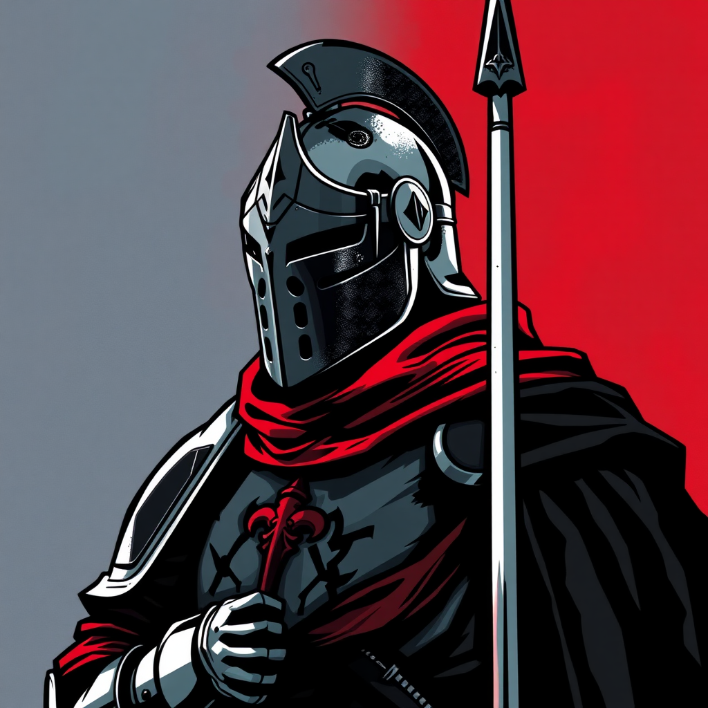 A knight in black, white, and red colors, the background in guiding colors.