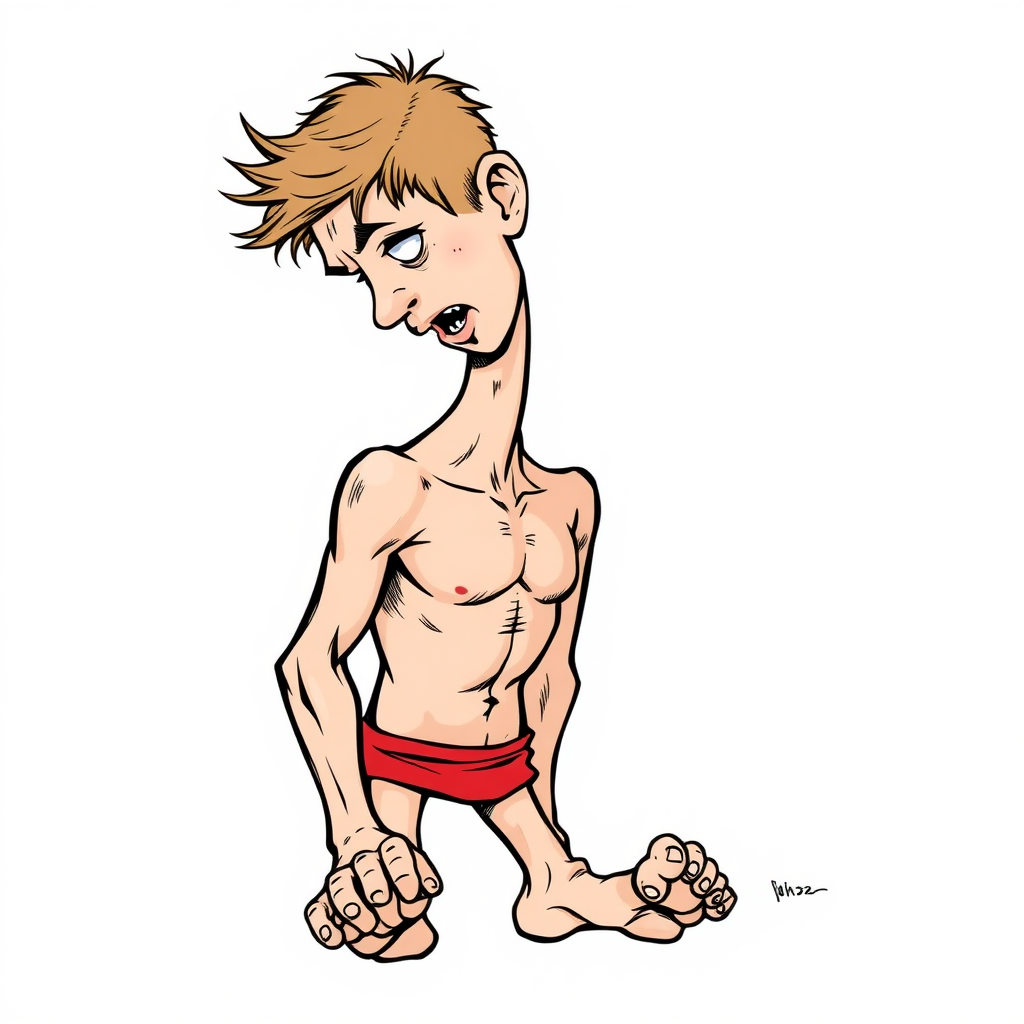 shy nervous small 18 year old european skinny man, excited, bare chest, red tight men's brief, tense fabric, head down, looking from below, side view, detailed feet, 2D, caricature, cartoon, Sketch lines, coloring book, coloring book