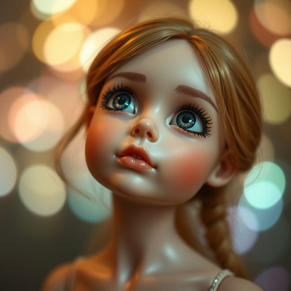 preteen artists doll, bisque porcelain, bjd, looking up dreaming, Bokeh, abstract, brilliant colors, glittering, translucent, mother of pearl, opal, iridescent, natural skin, glowing, artistic photo, wide angle