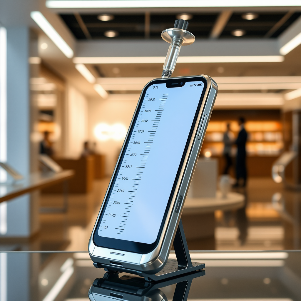 A mobile phone in the shape inspired by a syringe, metallic futuristic, kept for sale, in a showroom, metallic body, touchscreen phone with on screen.