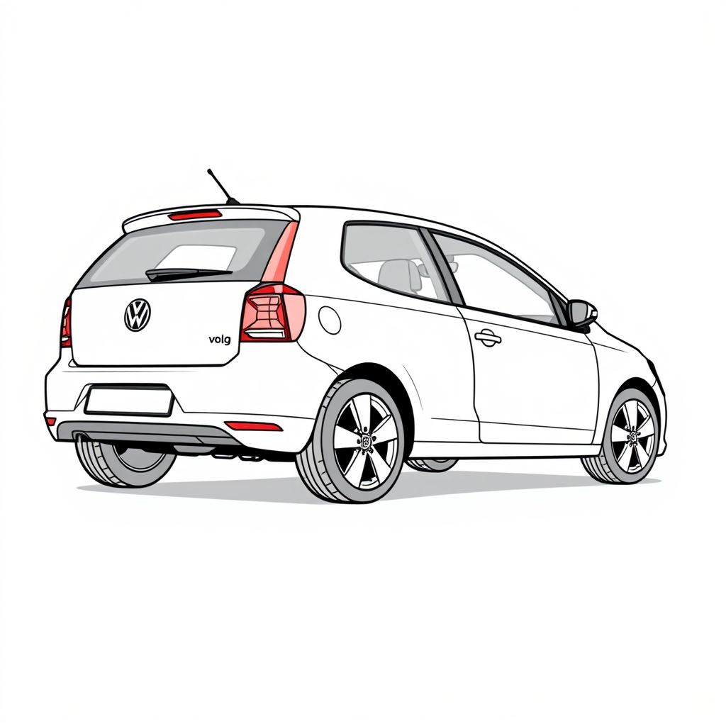 3 door white vw polo V car, long establishing shot, 2D, caricature, cartoon, Sketch lines, coloring book, coloring book style on white background, well composed, clean coloring book page, No dither, no gradient, strong outline, No fill, No solids, vector illustration, realistic proportions, side rear view