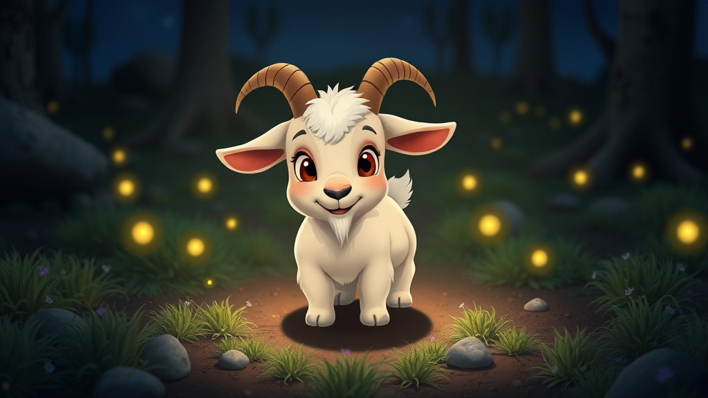 A cute Billy goat in ground at night some fire flies around animation