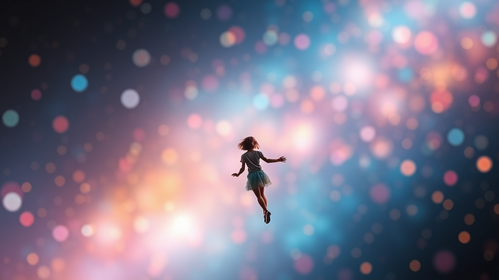 Low Key Lighting, dreamscape, nebula, Bokeh, abstract, brilliant colors, glittering, translucent, iridescent, glowing, artistic photo, panoramic, airy, original, experimental, interdimensional, fireworks, preteen girl floating in the distance