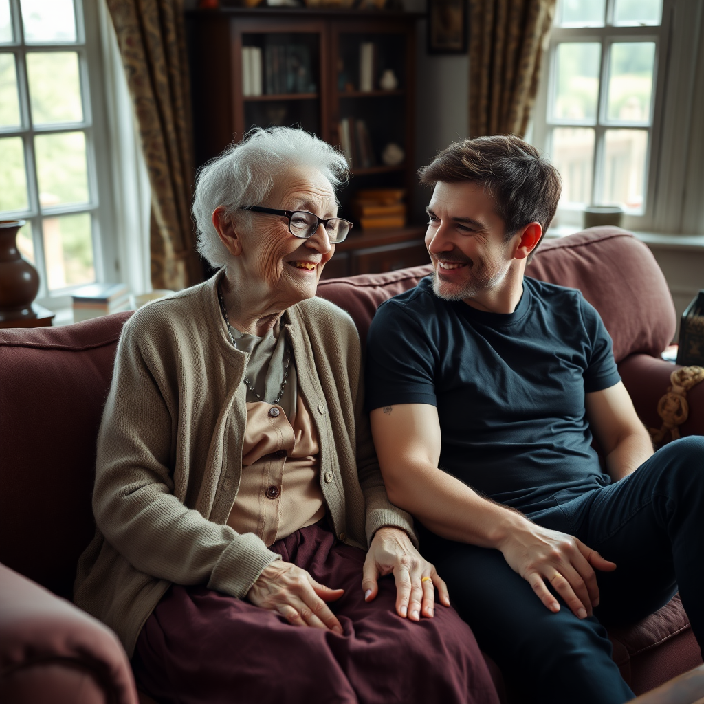 In a scene viewed from an angle and slightly above: In an old-fashioned English living room, a very frail and thin, very elderly English lady with a kind smile, short, thinning white curly hair, wrinkled face, neck and skin, wearing thin framed glasses, an old cardigan, blouse and long skirt is sitting on a sofa with an English man about 40 years old, grey stubble on his chin, brown hair, sitting close next to her on the same sofa, wearing a black T-shirt and dark blue jeans. The man and woman are smiling at each other. The woman is looking at the man's eyes and smiling. The man is looking at the woman's eyes and smiling.