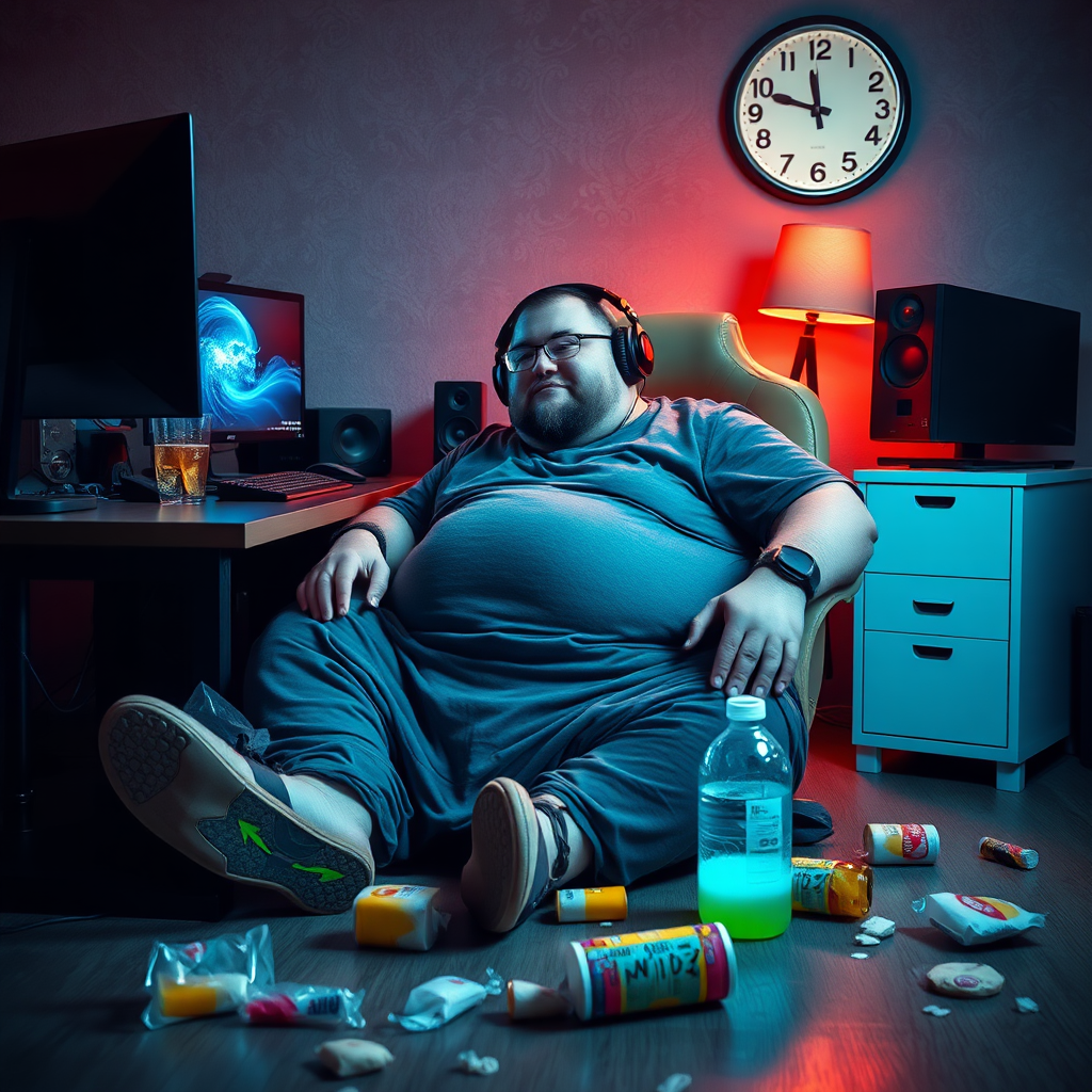 A photo of a lazy and obese man wearing headphones sitting at his gaming computer desk, food and drink trash is littered around the floor