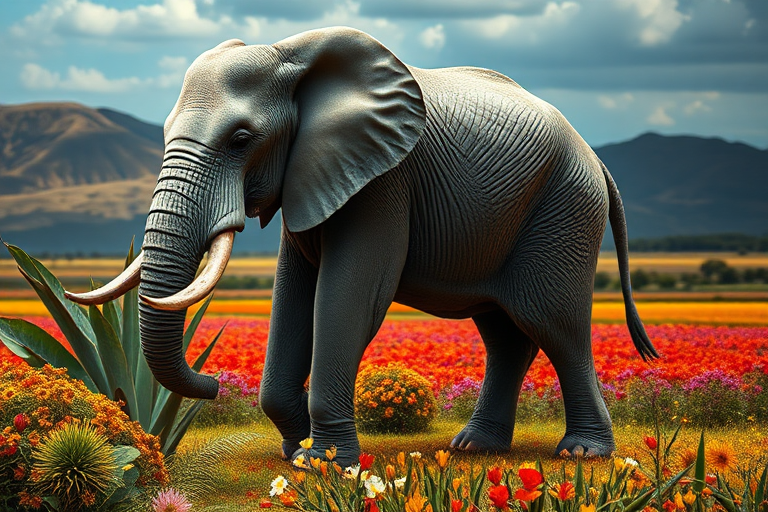 Generate a full-length photorealistic image of an elephant featuring the musculature and framework of a mouse, while keeping its head intact complete with distinct facial features. The skin retains its elephantine texture, complemented by soft fur similar to a mouse. The background blends elements from both animals' habitats, showcasing a mix of savannah and vibrant fields. Include plants characteristic of each environment, ensuring a harmonious and imaginative scene that captures the essence of both creatures while highlighting their unique characteristics in a surreal setting.