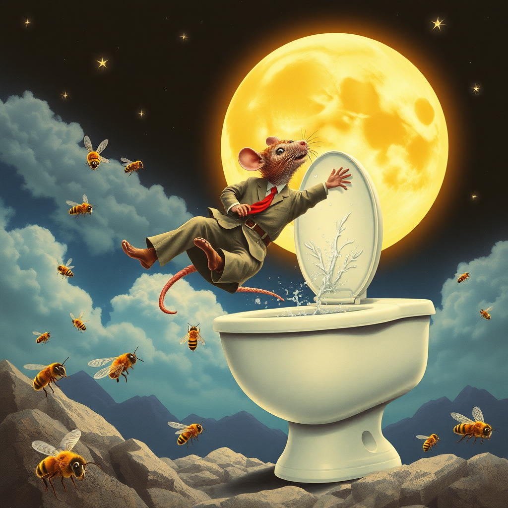 A rat politician diving off the moon into a toilet, bees, Mongolian, 90s musical movie poster, no text