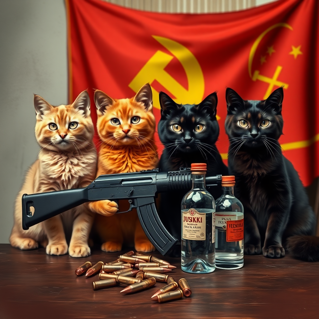 4 chatcatkat, black, orange, dark brown and light brown, USSR communist with an AK-47 and vodka and a USSR flag behind a table with bullet casings on it.