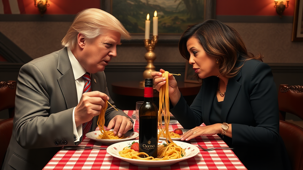 Photoreal style. ratio: 16:9. Donald Trump and Kamala Harris eating in an Italian restaurant a la the one in 'Lady and the Tramp.' Checkered tablecloth, Chianti bottle used as a candle holder. Both humans are eating spaghetti from one shared plate with their hands, and end up eating the same long piece of spaghetti, making their heads meet.