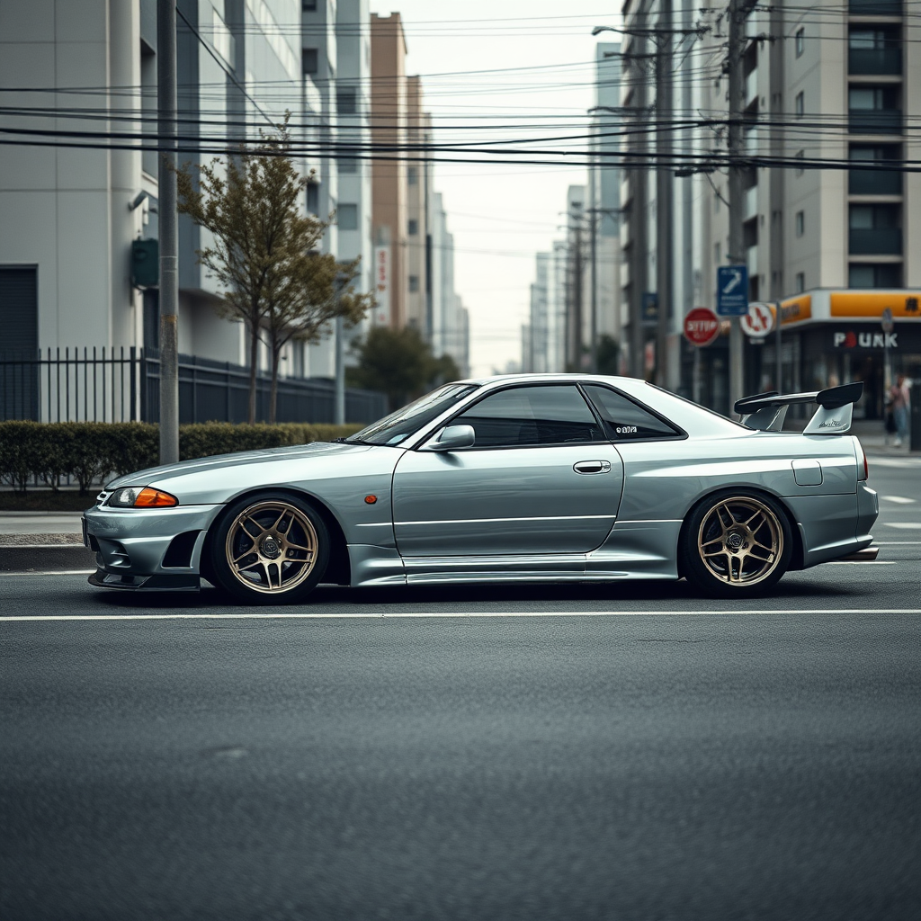 The car is parked on the side of the road, inspired by Taiyō Matsumoto, tumblr, restomod, nd4, c4 metallic shine gray black nissan skyline r34 tokyo arkaplan hatasız tam eksiksiz ayrıntılı genel gerçek detaylar en iyi fotoğraf poz sinematik hafif yağış su damlalar yansıma ıslak yol need for speed tarzı body kit