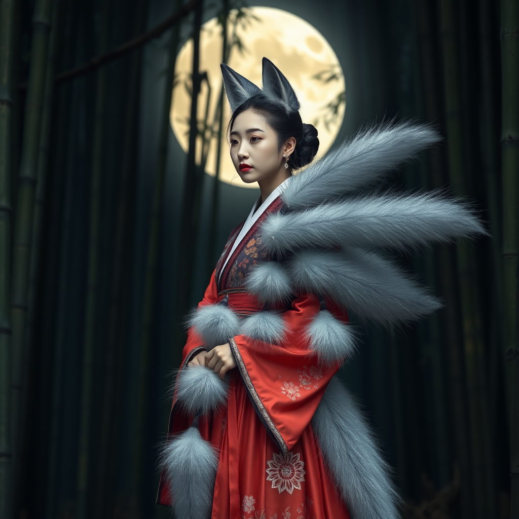 A Korean kitsune woman in an ancient Hanbok with nine one meter long silver bushy foxtails that comes off her middle ass, in front of the full moon in a bamboo forest.