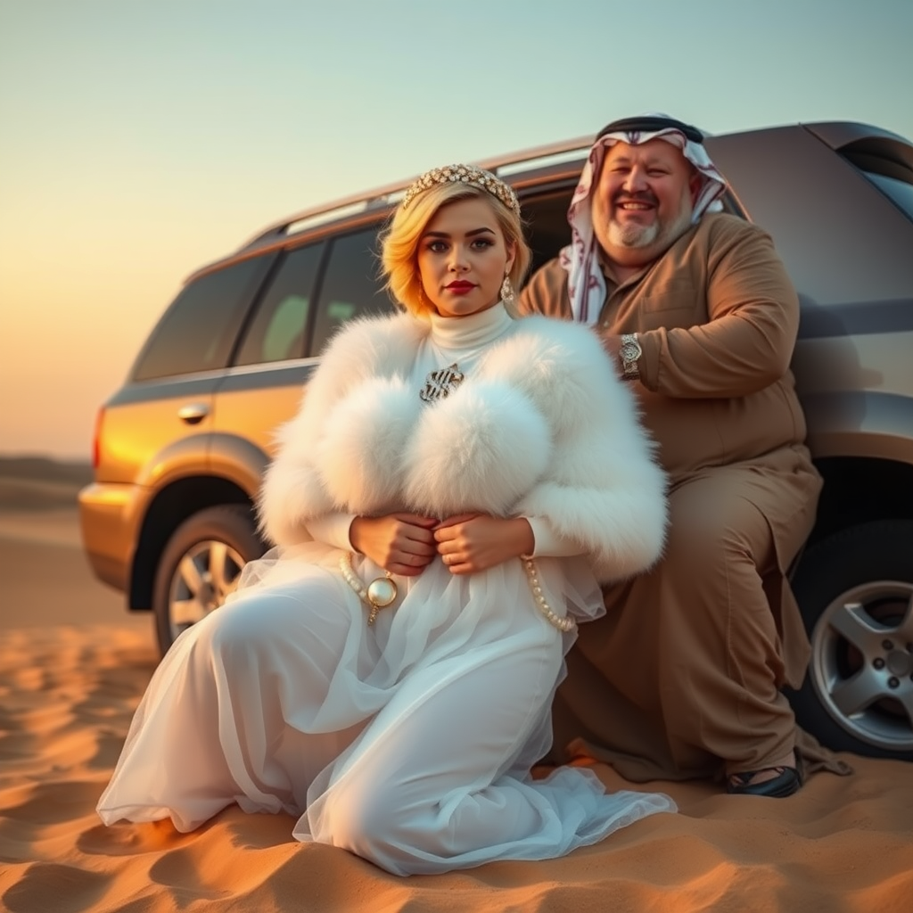 Kuwait desert dunes misty dawn, full size luxury SUV: Melissa, European 17 years old very convincing femboy “trophy-bimbo”, tamed servile docile, very beautiful feminine flawless face, rather short, by hormones very curvaceous womanly figured, platinum blond short tight curls, bold red lips, heavily made-up face, wearing Supertanya-style fluffy very fuzzy bright white angora turtleneck-poncho cropped ending under bust decorated with pearls and gemstones, striking oriental wide gold bridal protection belt, white fully transparent harem pants, full Oriental bridal jewelry with striking headpiece, full Oriental face-jewelry, striking diamond “$$$” letter brooch on left chest, pout frustrated, hands tied behind back, kneeling in sand in front of SUV, looking at camera. Focus on face and turtleneck-poncho. Sitting next embracing Melissa: older overweight mighty sheik laughing.