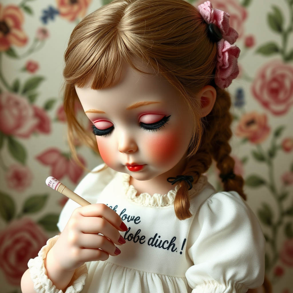 ooak art doll writing "Ich liebe dich!", artist doll, realistic doll, life-like porcelain doll, young preteen girl, unique personality, bisque doll, floral wallpaper