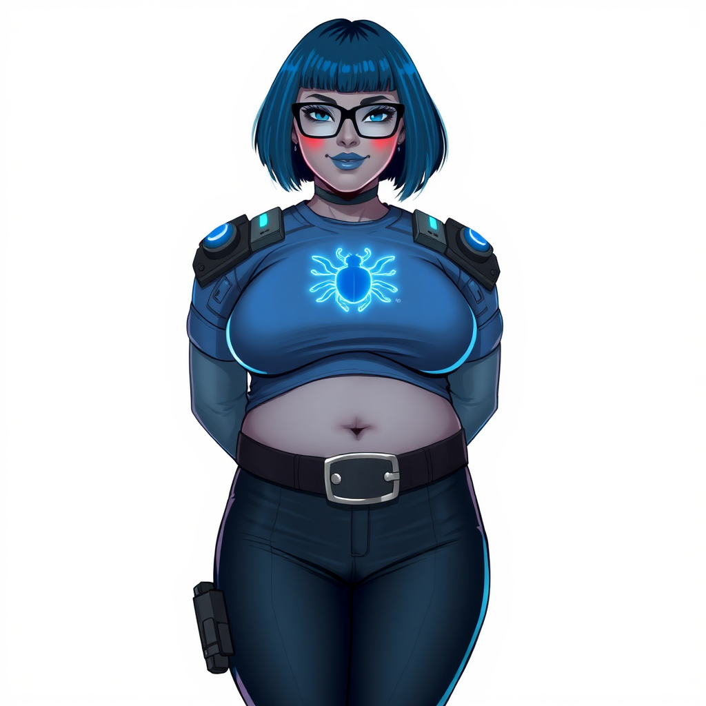 A 28-year-old, full-figured, middle gray skinned computer program hybrid with a maximum blue bob cut. She has a non-athletic build, highlighted by a prominent, round, large midsection (with heavy emphasis on her belly). As a digital sidekick, computer hacker, and nerdy girlfriend to her cyberpunk vigilante boyfriend, her middle gray metallic skin and maximum blue lipstick emphasize her digital nature. She wears a digital, computerized costume consisting of a gargantuan, tight-fitting, hi-tech, maximum blue t-shirt with a neon blue beetle glowing chest icon, hi-tech shoulder pads with neon blue accents, a black digital belt with a digital neon blue glowing beetle buckle, black biker pants with neon blue glowing accents, and black hi-tech gloves with neon blue glowing accents. Her neon blue glowing eyes, black eyeglasses with a neon blue glowing HUD built in its lenses, and lovestruck smile with neon red blush accentuate her nerdiness. She stands bashfully with her hands behind her back, her costume covering all her skin and emphasizing her full-figured physique (especially her belly). She is clearly non-athletic, with a focus on her full-figured physique. Despite her build, she radiates beauty. She is on a solid white background. She is drawn as if she was in a retro 2D cyberpunk fighting game.