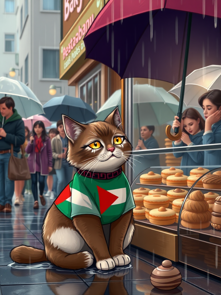 Create a image of a cat wearing a shirt featuring the Palestinian flag, sitting in front of a bakery during a heavy rain. The cat has tears in its eyes, looking longingly at the delicious pastries displayed in the shop window. Surrounding the cat are various people with umbrellas, some glancing down at the cat with expressions of sympathy. The scene should capture the contrast between the rainy weather and the warmth of the bakery, evoking a sense of longing and desire for the treats. Include details like raindrops on the ground and reflections in the shop window.