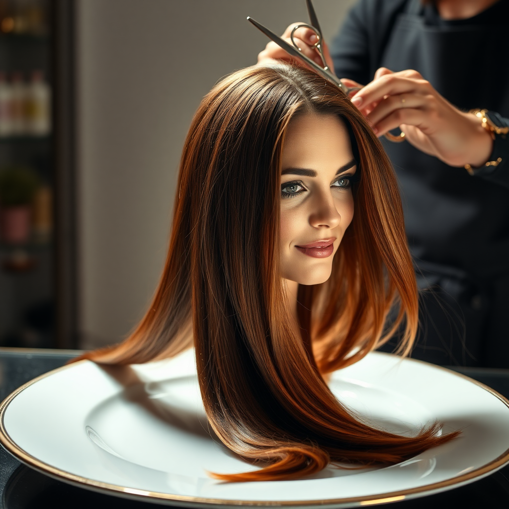 In a bizarre, surreal tableau, the polished surface of an elegant dining plate cradles the disembodied head of a strikingly beautiful Kate Middleton, her long, flowing hair cascading like a glossy waterfall of deep chestnut and honey highlights. The hair is luxuriously arranged, strands shimmering under the soft, ambient light that bathes the scene in an ethereal glow.

A skilled hairdresser, clad in a sleek black apron, stands poised with a pair of gleaming scissors, carefully trimming the endlessly luxurious locks that frame Kate's serene, almost ethereal features. The air is thick with the scent of salon products mingling with delicate hints of floral fragrances, creating an unusual yet strangely inviting atmosphere. The hairdresser's focused expression reveals a meticulous dedication as snippets of hair fall gracefully onto the pristine plate, echoing a sense of both artistry and absurdity.

The overall emotional tone conveys a dreamlike quality, inviting viewers to ponder the juxtaposition of beauty, identity, and the bizarre circumstances that bind them in this extraordinary moment.