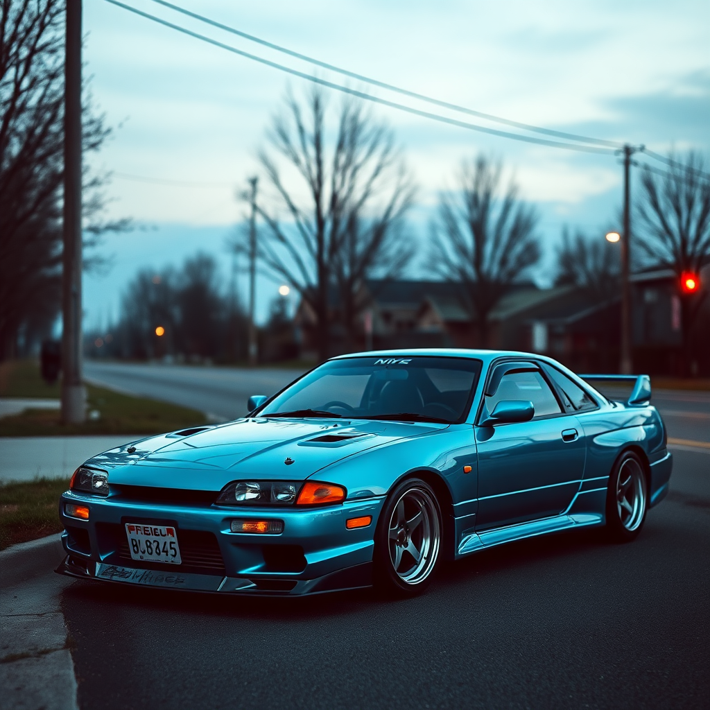 shine nissan silvia s14 the car is parked on the side of the road, inspired by Taiyō Matsumoto, tumblr, restomod, nd4, c4 cold colors