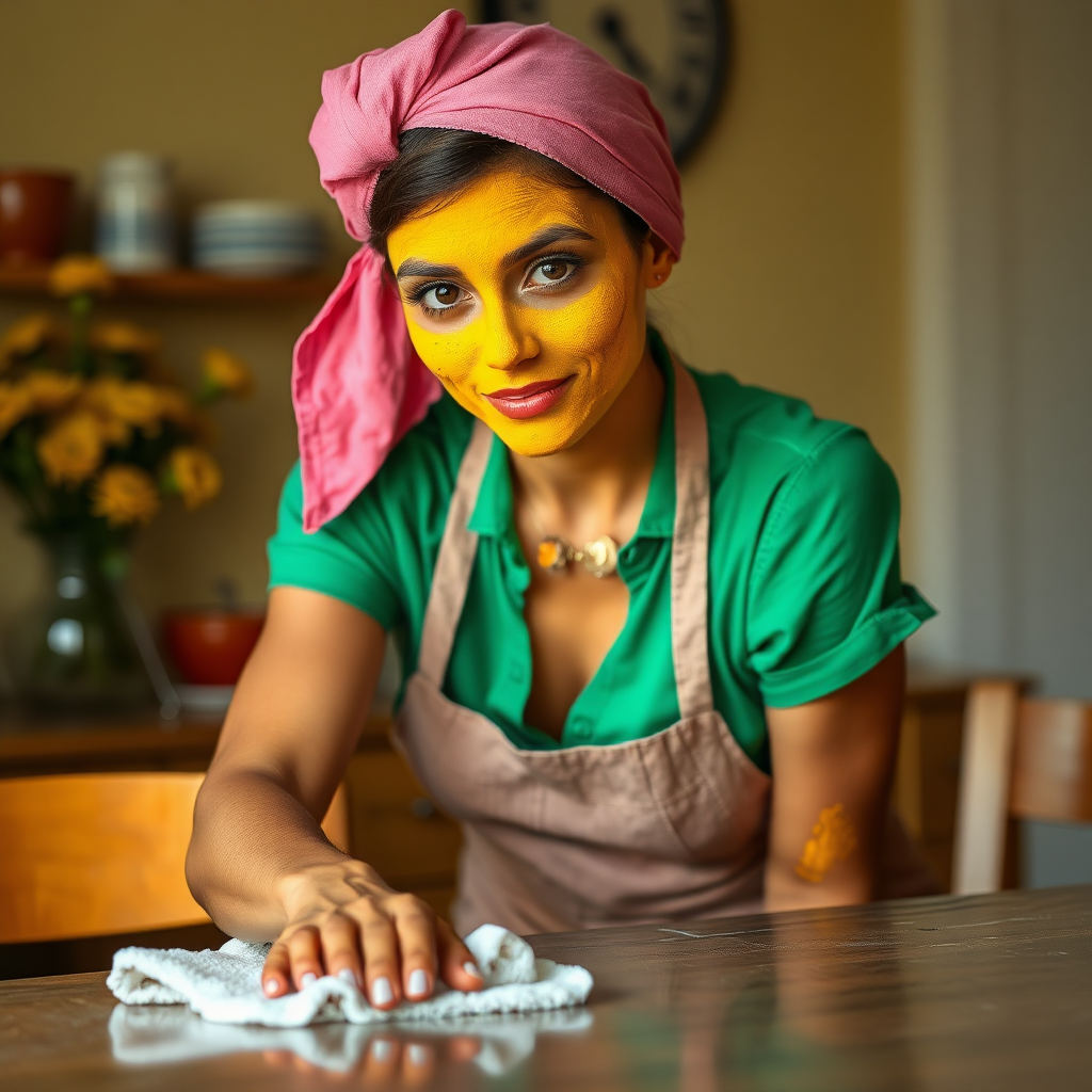 slim, 30 year old, sexy, french maid, pink scarf head, turmeric face pack. She is cleaning a table with a cloth