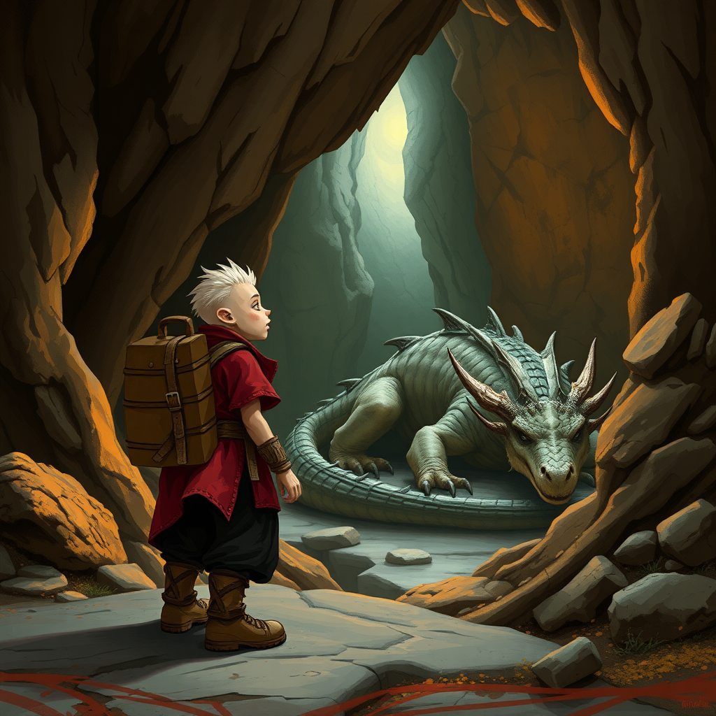 A dungeons and dragons style small, skinny, light brown, kobald monster in a tattered red tunic and dirty brown pants wearing a backpack on his back who is looking at a large sleeping dragon in a cave