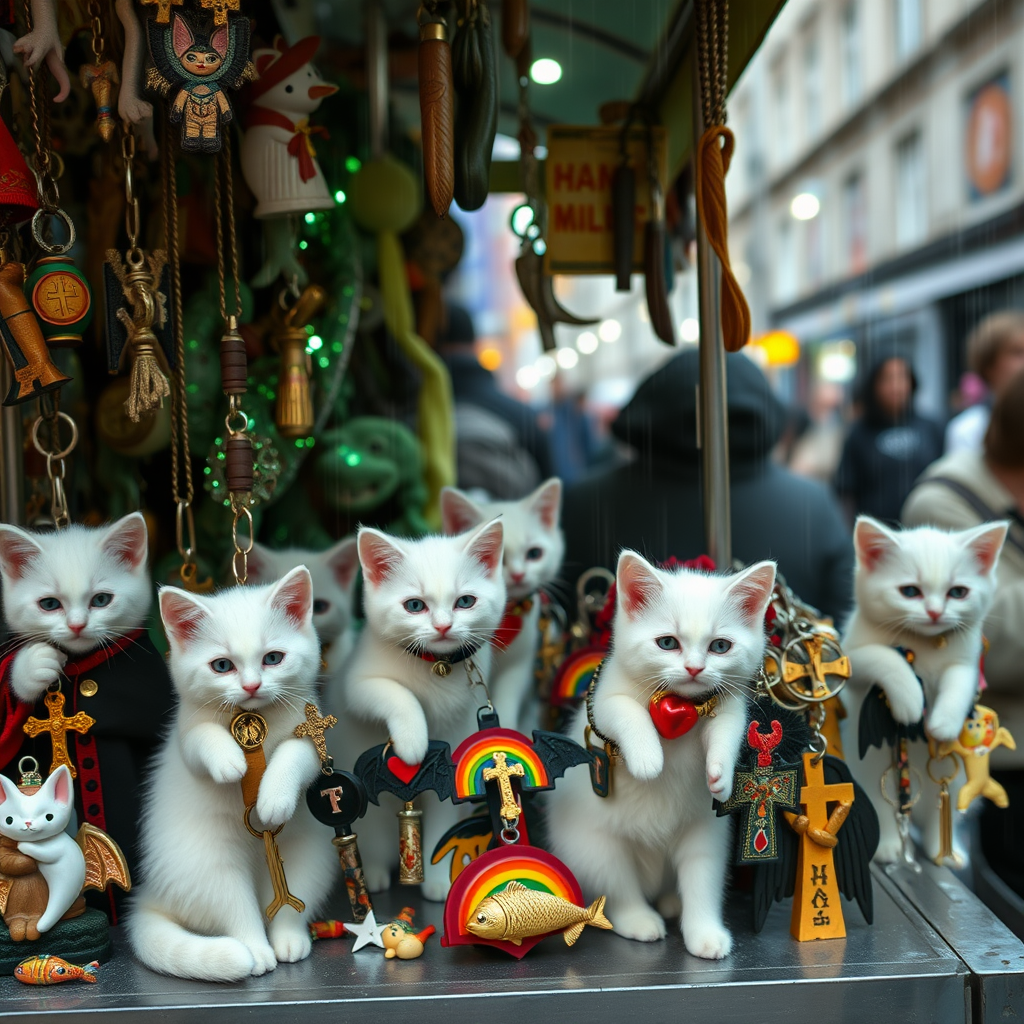 A street stall staffed by white kittens filled with kitschy keychains for tourists in hell, cats, Catholic, vampire, cross, tacky, rainbow, raining, weird, post-apocalypse, fish.