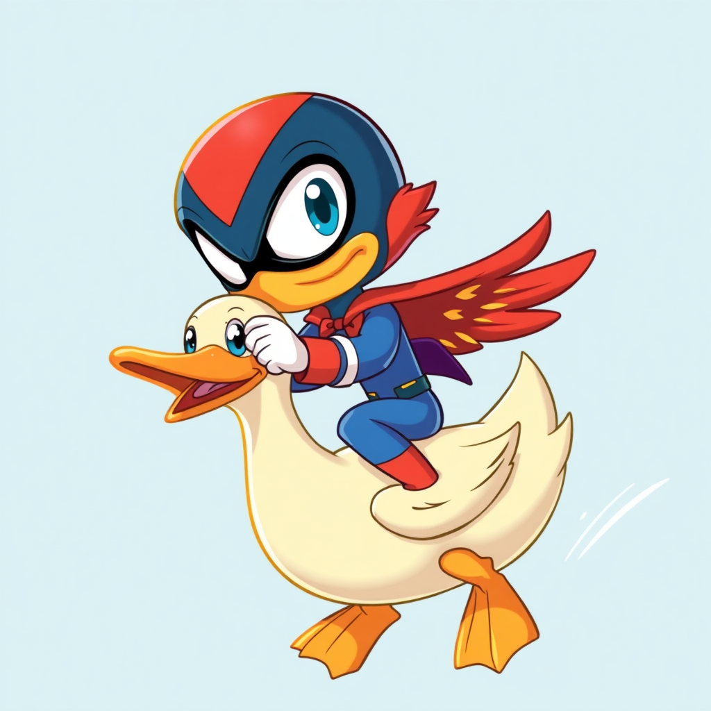 captain falcon with huge eyes riding a duck