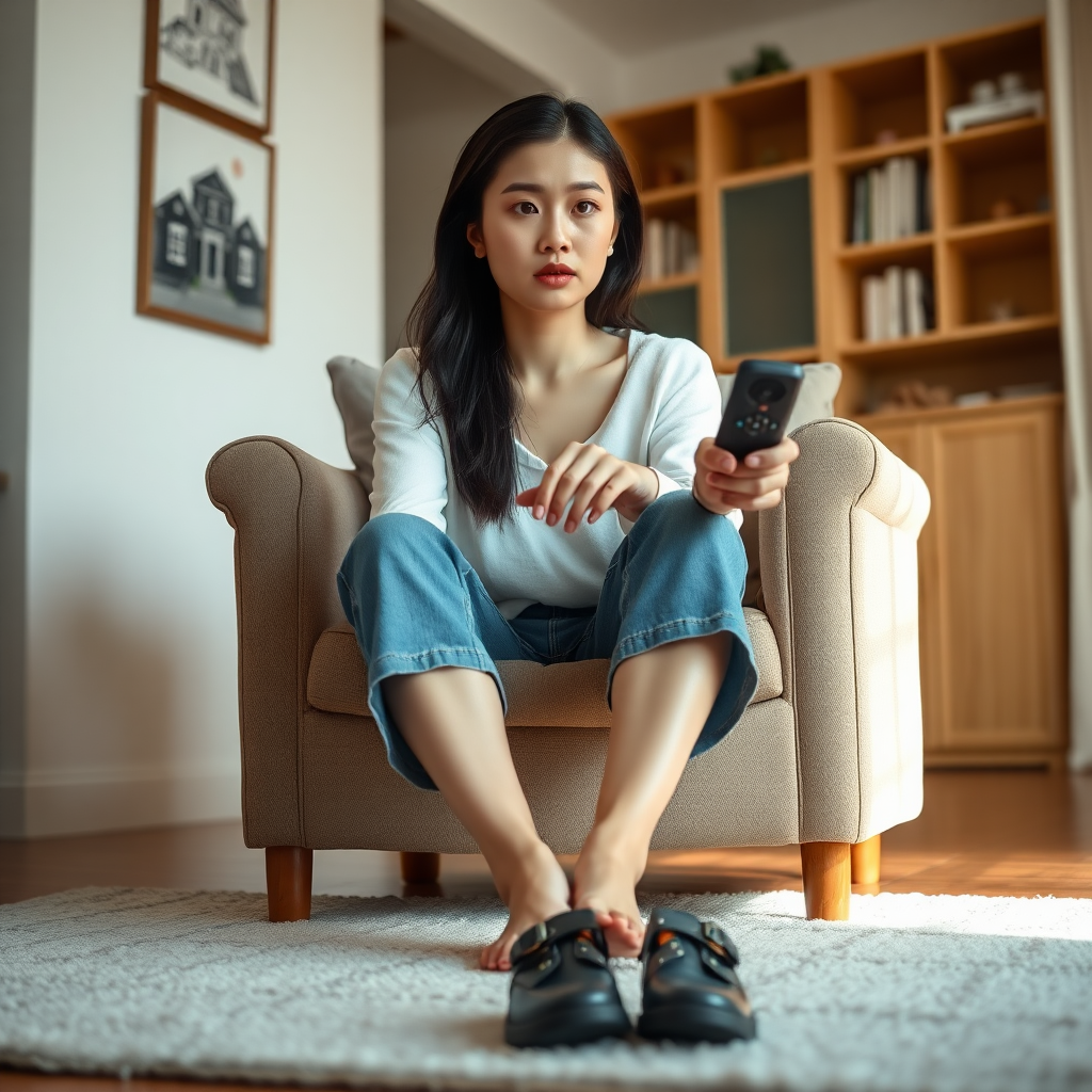 photo low angle full body shot beautiful xiaomeimei looking ahead. She is sitting on a chair in a living room. she looks tired. she is pressing a button on a remote control. there rug on the floor in front of the chair. she is barefoot. her shoes lie on the rug