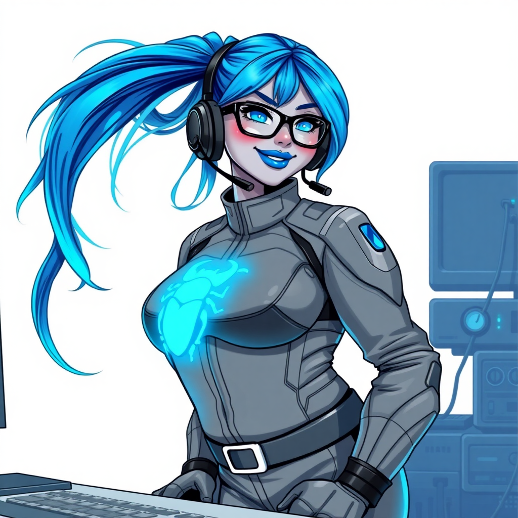 A nerdy, full-figured middle gray-skinned 29-year-old computer program hybrid with a long, maximum blue ponytail. She wears maximum blue lipstick and has bright blue eyes. Her outfit includes a digital, computerized, middle gray biker suit featuring a neon blue glowing beetle chest icon. She sports a sapphire headset and black eyeglasses, with a lovestruck smile and neon red blush. Her full figure reflects the doting care of her vigilante boyfriend. As his tech expert, she works diligently at her lab table in their hideout. The background is solid white. She has a prominent, large, round midsection, thick limbs, and broad shoulders. Her middle gray metallic skin highlights her digital nature. The biker suit blends with her middle gray skin appearing to merge together as computer data. She is drawn as if she was in a retro 2D cyberpunk fighting game.