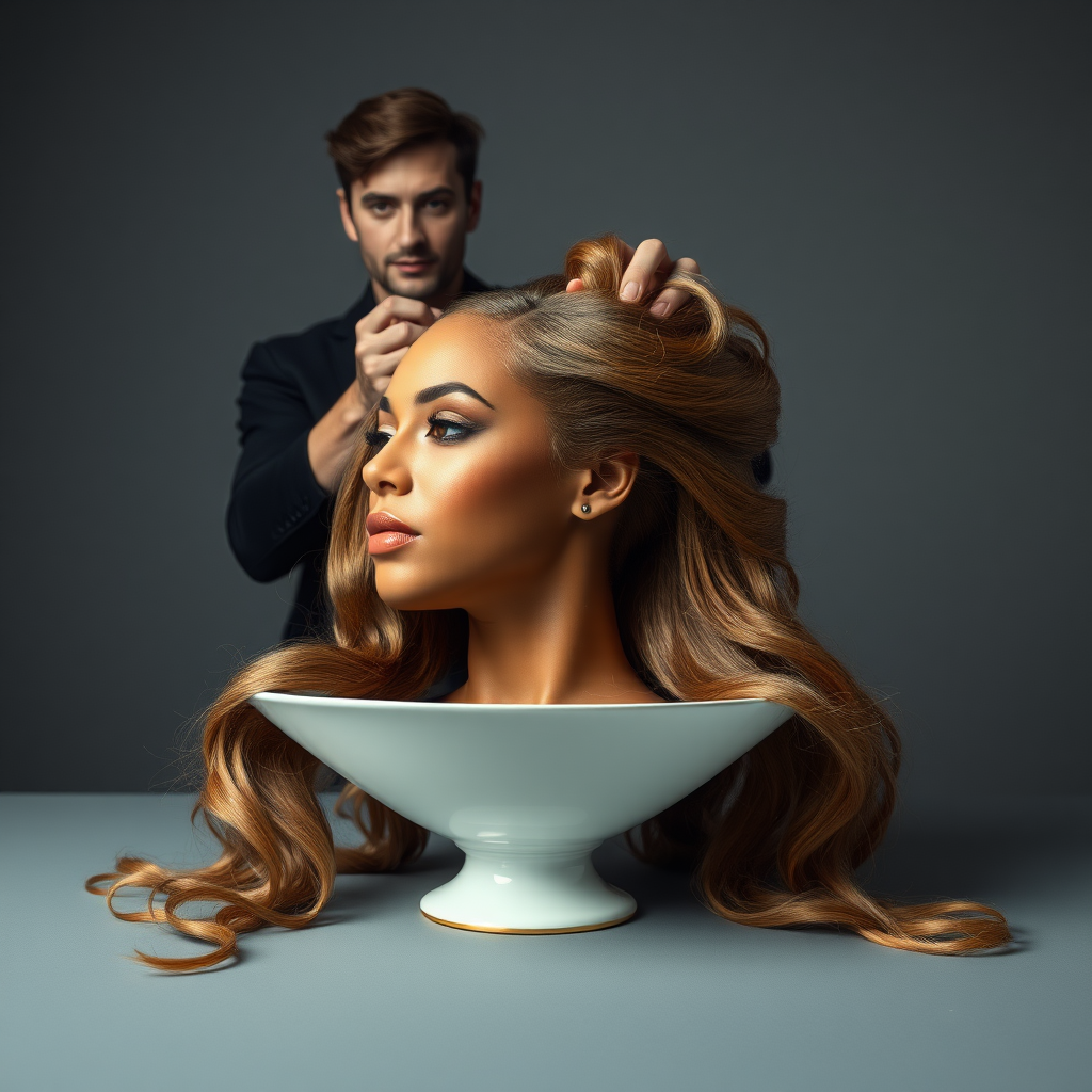 In a surreal and provocative scene, a beautifully tethered, disembodied head of Beyoncé rests gracefully on an elegant porcelain plate, her long, luxurious hair cascading like a waterfall of silky strands around the edges, creating a striking contrast against the stark, muted gray background. The sheen of her skin glows softly, exuding an air of ethereal beauty, while her chin rests delicately on the plate, poised and serene. Behind her, a skilled hairdresser, clad in chic black attire, stands with a focused expression, gently teasing and arranging her magnificent hair with nimble fingers, creating intricate patterns that defy gravity. The atmosphere is oddly intimate yet surreal, blending an appreciation of beauty with an unsettling twist, as soft light casts subtle shadows, enhancing the textures of both hair and porcelain. The air is filled with a quiet stillness, broken only by the subtle sound of the hairdresser’s scissors snipping rhythmically and the faint fragrance of hair products mingling with the cool air, heightening the unusual but captivating atmosphere of the scene.