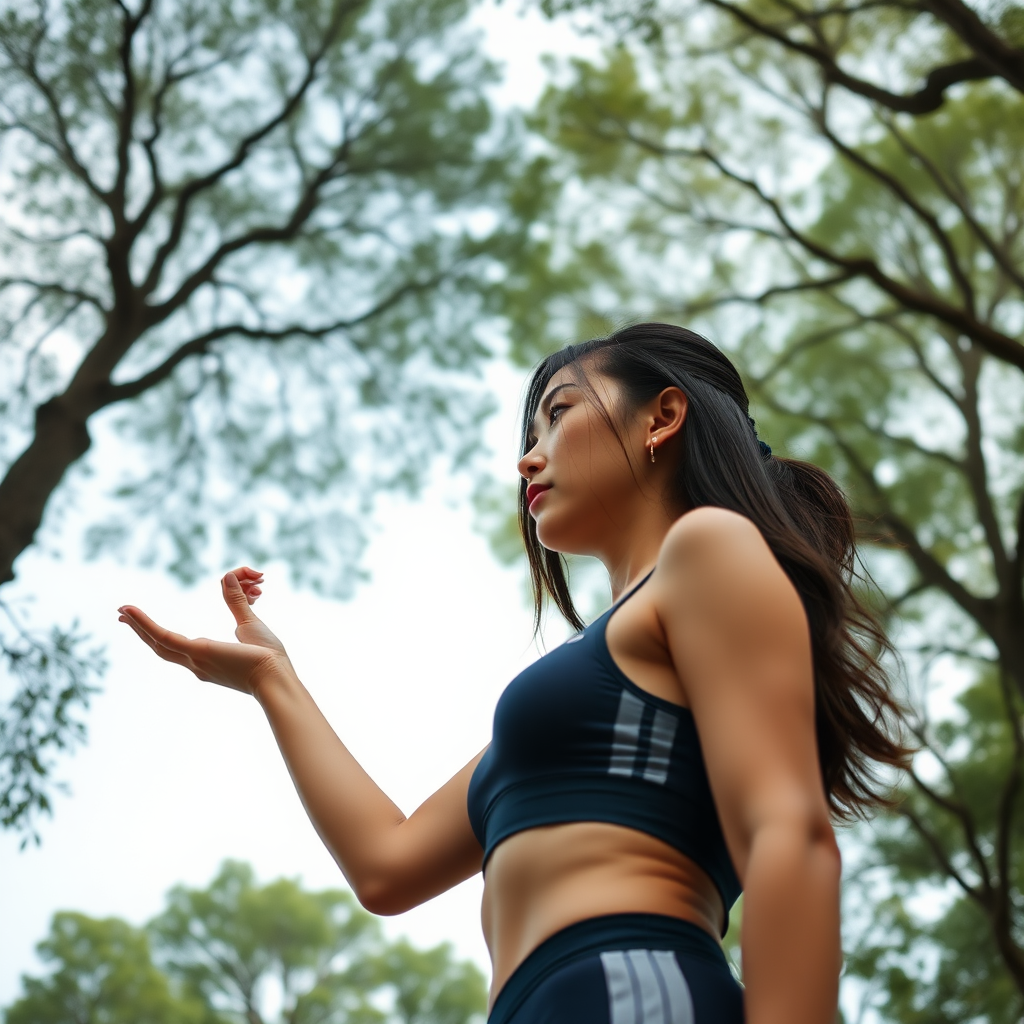 Photo full body low angle shot athletic Xiaomeimei holds her arm outstretched, looking at something resting on her palm. Above her are the tops of trees. Negative: bad anatomy.