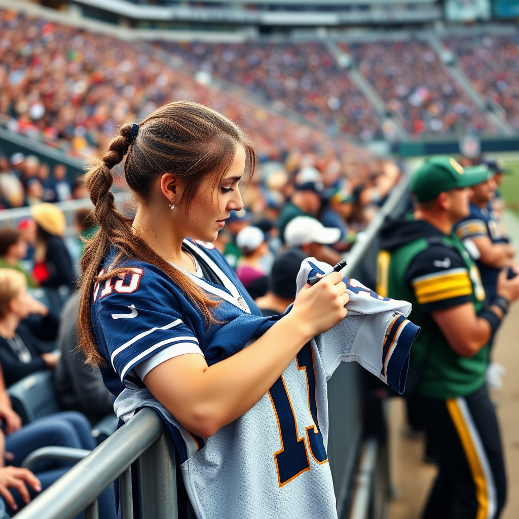 Attractive female NFL fan, pigtail hair, at crowded front row stadium barriers, holding a spare jersey, asking player to write an autograph on spare jersey, in NFL stadium