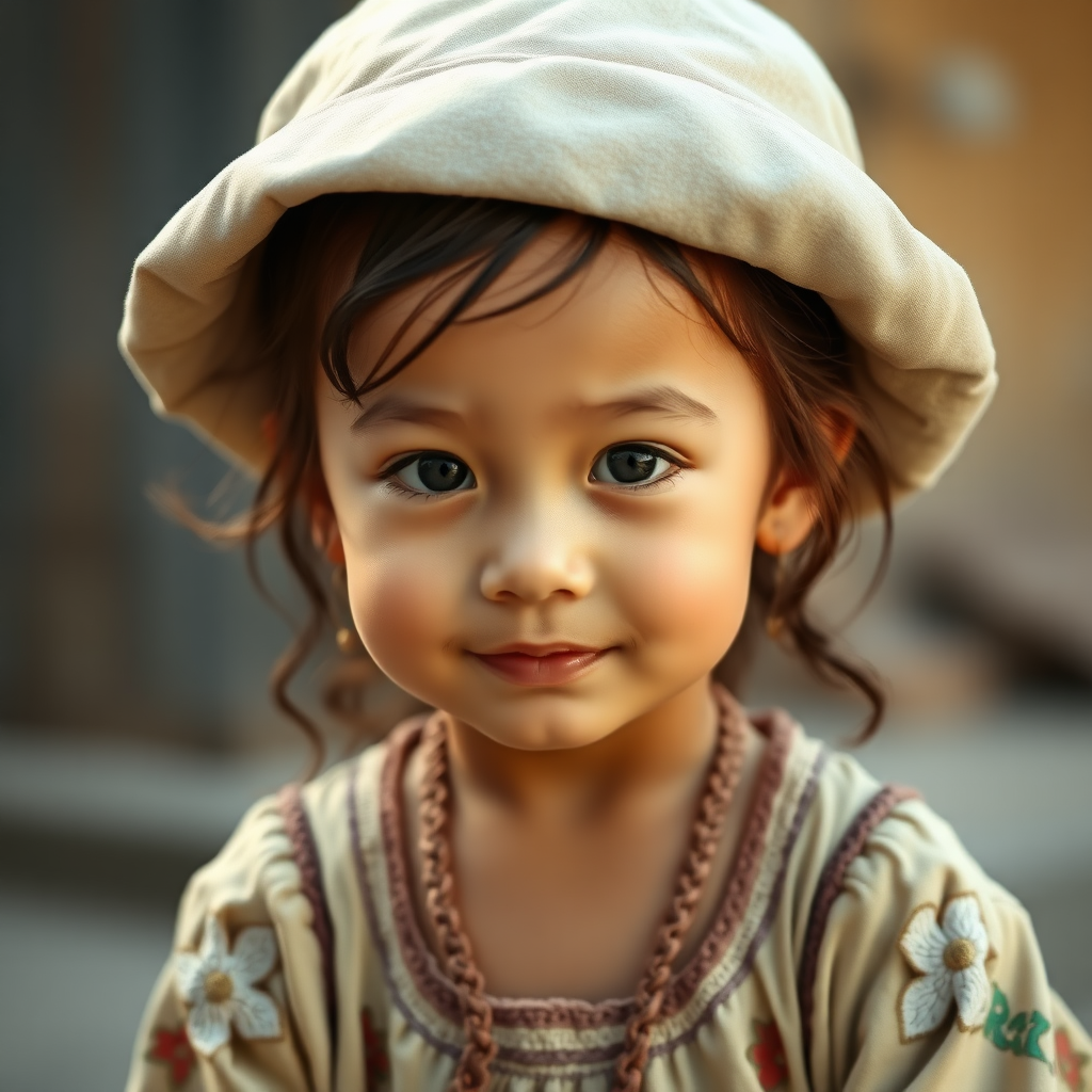 A lovely little girl, in ancient style, about four or five years old.