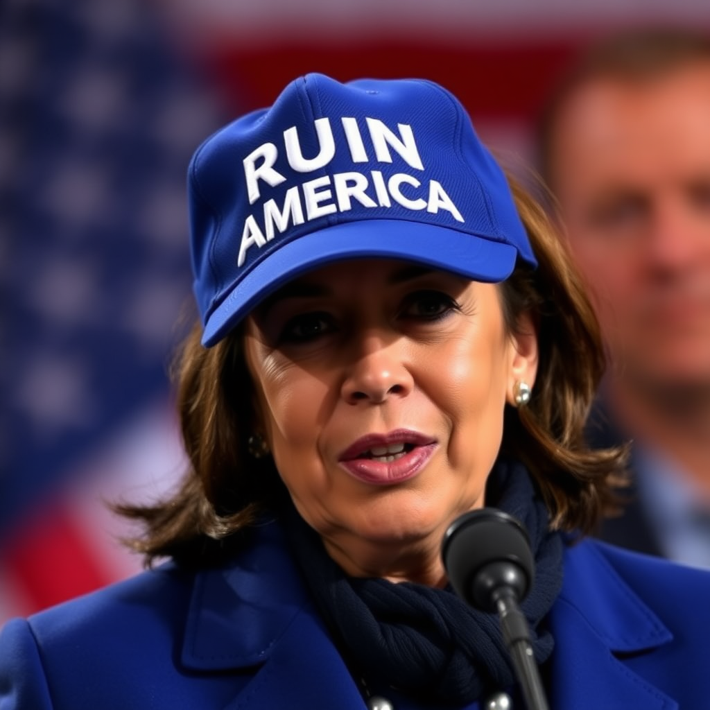 Kamala Harris wearing blue cap with white text "RUIN AMERICA"