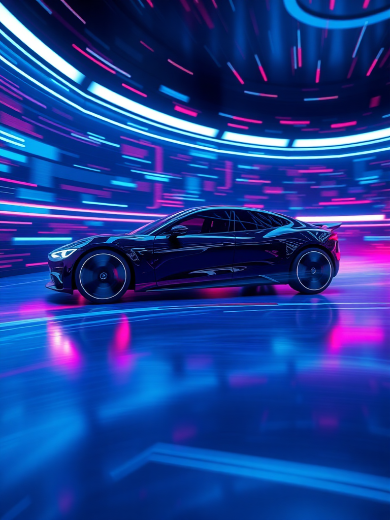 Make a realistic 3D rendering of an electric car racing in cyberspace. Make the background cyber-like and the "electric sparks" give it a sense of speed. Make the overall color dark blue. Make the floor