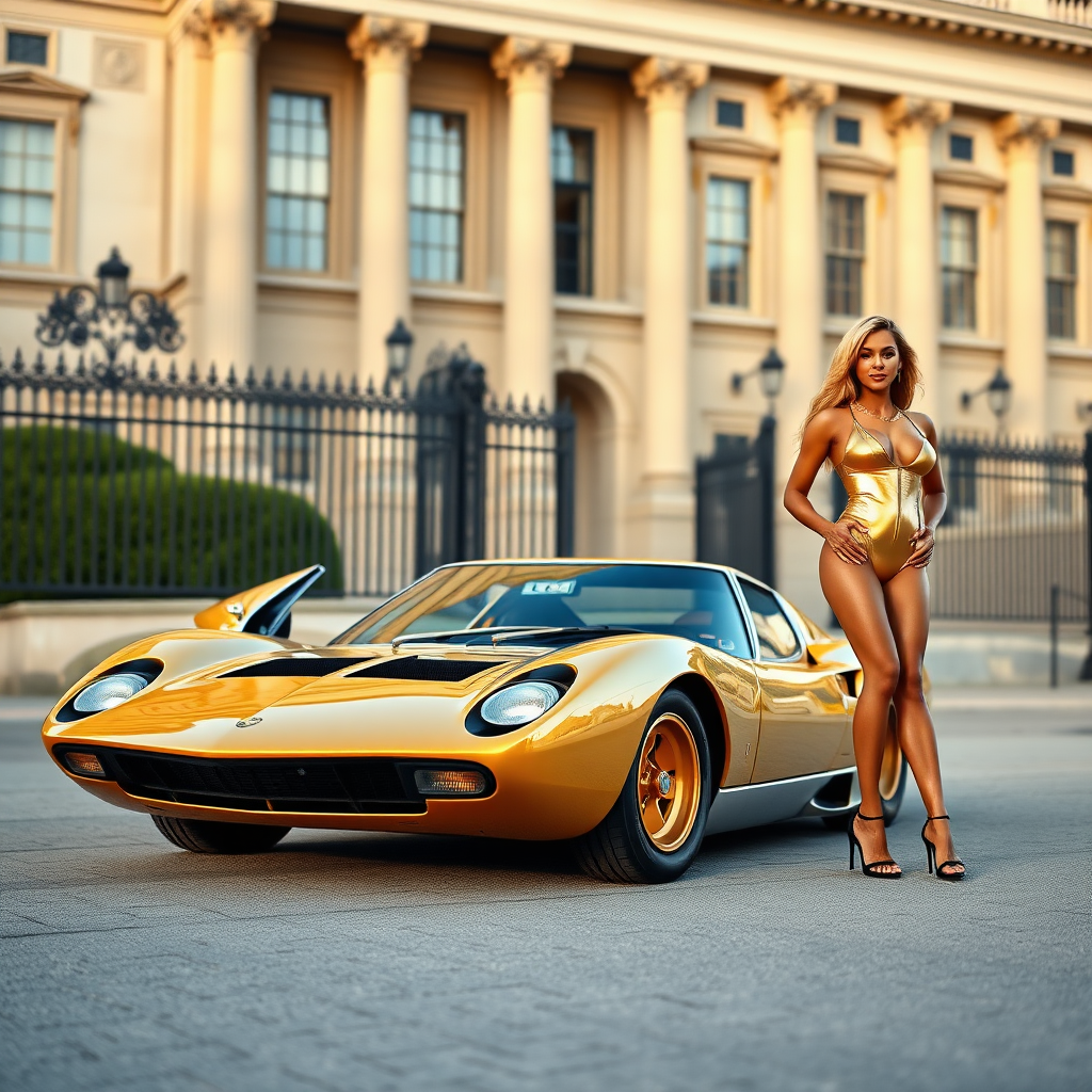 Lamborghini Miura in golden colour, parked in front of the British museum, with a Beyonce in a one piece high cut golden swimsuit standing on the right side