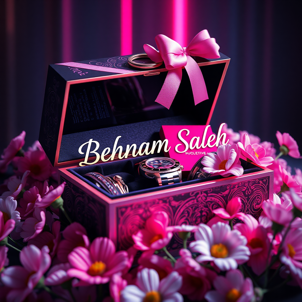 ### **Title:**
**"Behnam Saleh's Exquisite Birthday Gift"**

### **Artistic Vision:**
Create a mesmerizing digital art masterpiece that seamlessly blends hyper-realistic detail with a vibrant, cinematic atmosphere. The artwork should evoke a lasting emotional impact, inviting viewers to explore themes such as the delicate balance between luxury and personalization, and the joy of gifting. This piece aims to captivate audiences with its elegance, sophistication, and profound symbolic resonance, making it the perfect visual representation of a memorable birthday present.

### **Scene Description:**
Depict an exquisitely crafted gift box adorned with intricate detailing, prominently featuring the name "Behnam Saleh" in a sleek, modern font. The box should appear partially open, revealing a collection of luxurious and personalized items inside, such as a high-end watch, elegant jewelry, or a custom-made accessory. Surround the box with delicate pink primroses and daisies, creating a striking contrast against the box's dark, velvety interior. The composition should exude elegance and sophistication, enhanced by hyper-realistic rendering techniques that add depth and dimension. Embrace a neon-infused, dark fantasy aesthetic to create a visually stunning and emotionally evocative scene.

### **Key Artistic Elements:**
- **Lighting & Atmosphere:** Utilize neon lighting to create a cinematic and conceptual ambiance, blending vibrant colors with dark fantasy elements.
- **Color Contrast:** Achieve a stunning contrast between the bright pink flowers and the dark interior, emphasizing the focal points.
- **Textures:** Incorporate varied textures, from the sleek surfaces of the luxury items to the intricate detailing of the gift box, enhancing tactile realism.
- **Composition:** Employ off-center placement for the box and its contents to guide the viewer's eye through the scene, balancing intimate close-ups with the broader setting.
- **Symbolism:** Infuse the artwork with subtle symbolic motifs that provoke contemplation on themes like the joy of giving, the value of meaningful gifts, and the personalization of luxury.

### **Technical and Artistic Specifications:**

- **Resolution & Display:**
  - Render in stunning **8K UHD** resolution, ensuring crisp detail and vibrant colors suitable for high-profile platforms like ArtStation and Behance.

- **Digital Art Techniques:**
  - Utilize advanced software such as **Corel Painter**, **ZBrush**, and **Adobe Photoshop** to achieve exceptional 3D volume, precise shading, and ultra-fine detailing.

- **Materials & Textures:**
  - Incorporate high-quality digital pigments, metallic flakes, and glass bead effects to ensure textures appear vibrant and dynamic under various lighting conditions.

- **Lighting & Depth:**
  - Implement a tranquil chiaroscuro effect with a subtle interplay of light and shadow, enhancing depth and clarity.
  - Use soft, delicate colors complemented by nuanced shades of grey, black, and white to add depth without overwhelming the scene.

- **Rendering Quality:**
  - Apply advanced rendering techniques and 3D volumetric effects for unparalleled detail and sharpness.
  - Include hyper-realistic pencil sketch textures to emphasize intricate details.

- **Composition & Focus:**
  - Emphasize gentle, lifelike depth and striking details with a cinematic close-up approach.
  - Use a balanced **f/11 aperture** and a raw photographic style with advanced v6 enhancements to render vivid colors and minute details at an unparalleled level of realism.

- **Overall Harmony:**
  - Achieve maximum harmony across all elements, resulting in a balanced and cohesive composition that captivates both technically and emotionally.

### **Additional Elements to Include:**
- **Symbolism:** Integrate subtle gestures, expressions, or symbolic motifs to add deeper emotional resonance, encouraging viewers to reflect on the depicted themes.
- **Detailing:** Ensure impeccable draughtsmanship with flawless precision in the luxury items and botanical accuracy in the primroses and daisies.
- **Lighting Effects:** Utilize the interplay of light and shadow to evoke lifelike realism and enhance the dreamlike atmosphere.
- **3D Volumetric Effects:** Add depth and spatial qualities to create a more immersive visual experience.
- **Hyper-Realistic Textures:** Ensure all textures appear tactile and vibrant, enhancing the overall realism of the artwork.

### **Final Outcome:**
The final artwork should be a compelling masterpiece that captivates viewers, encouraging them to pause and reflect long after experiencing it. It should demonstrate peerless technical mastery combined with a profound artistic vision, affirming art's vital role in cultural and intellectual life. The signature on the piece should signify its stature, standing proudly alongside works by history’s masters.