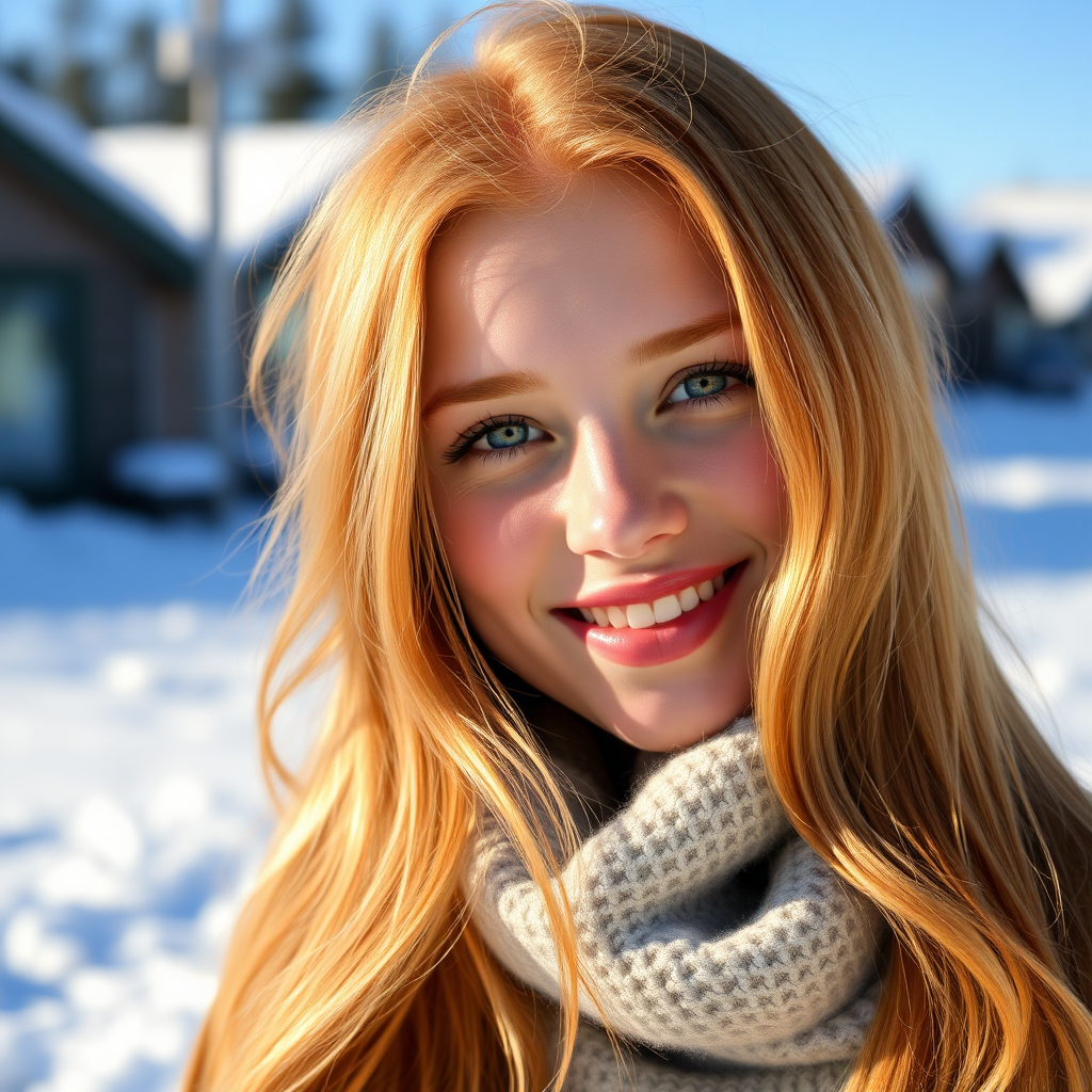 beautiful young woman with lush ginger cherry blonde long hair, happy full lips, on Alaska Anchorage in sunny snow