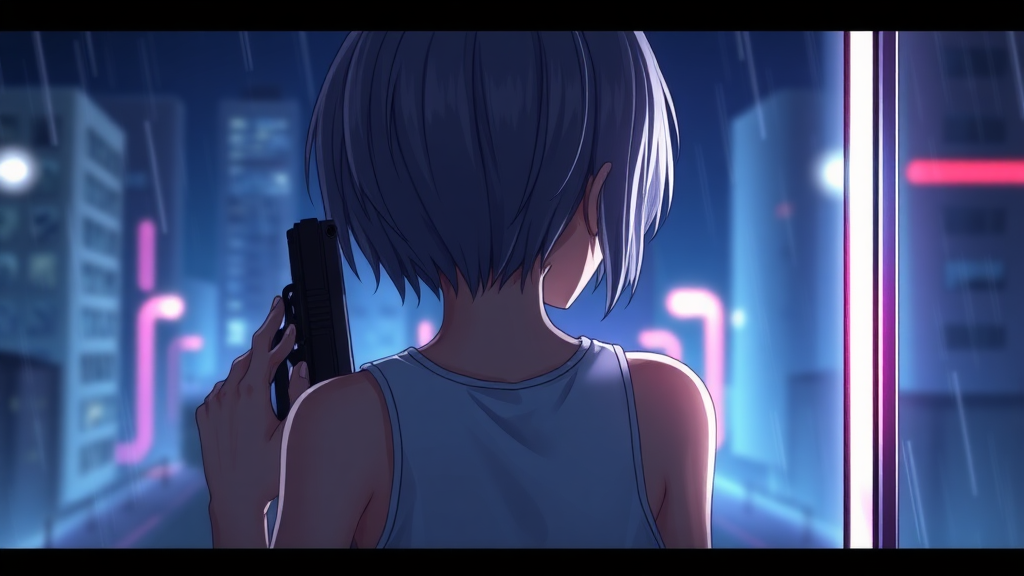 a picture of a girl from back, red eye, medium short gray hair, wearing sleeveless white top, holding pistol, looking out window, night, raining, neon light, dramatic scene, anime style