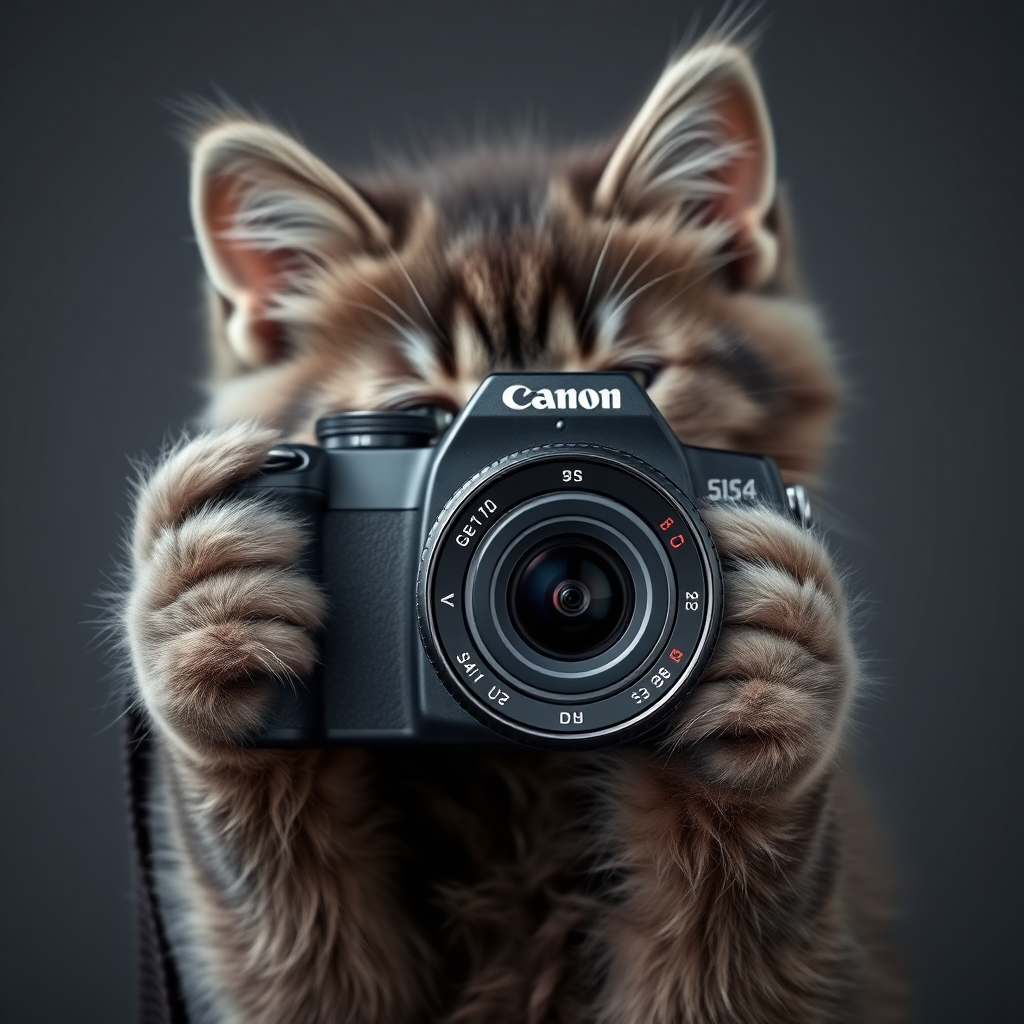 A gray kitten is taking pictures with a camera named "Canon Cat".