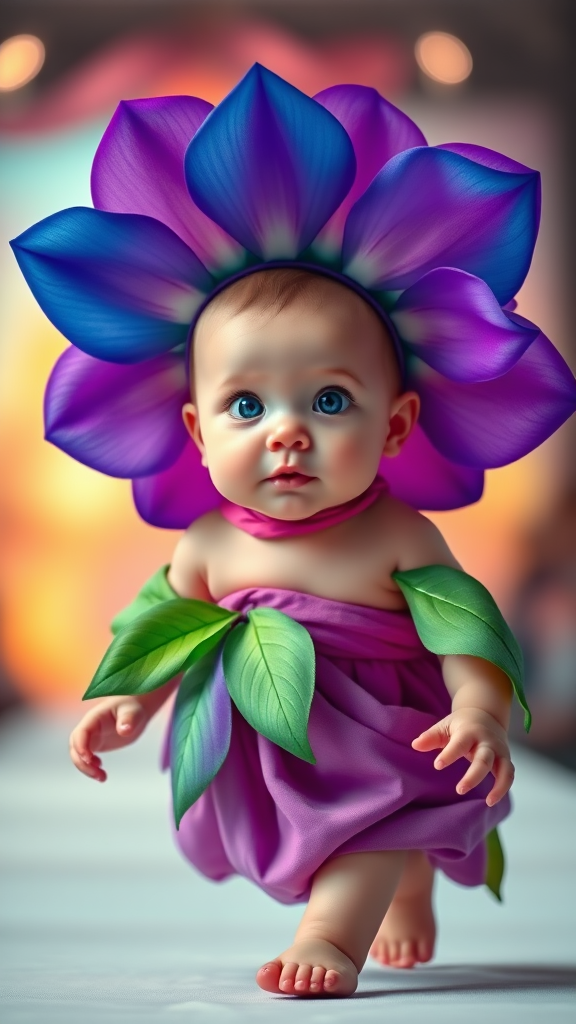 A charming big blue eyes pink lips and pink cheeks baby dressed in an artistic, vibrant flower costume. The baby is wearing a large purple and blue flower petal headpiece, resembling a blooming flower, with green leaf-like arm details. The baby is walking on a runway with soft lighting and blurred background, creating a dreamy and magical atmosphere. The overall theme is whimsical, with a focus on vibrant colors, texture, and organic forms inspired by nature. The baby's outfit has a smooth, flowing fabric texture, making it look like a delicate flower come to life.

"HD,4k, high resolution pic