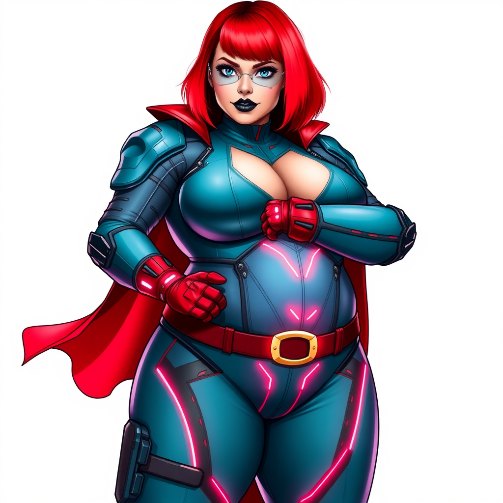 A 26-year-old, heavily-pampered, full-figured, mystical vigilante detective ally of her cyberpunk vigilante older brother figure with a bright red bob cut, black lipstick, and piercing bright blue eyes. She has a new non-athletic build, now highlighted by a prominent, round, gargantuan midsection (with the full emphasis on her gargantuan belly), which shows the aftermath of her pampering. Despite her new physique, she displays her usual confidence. She wears a huge, high-tech, tight-fitting, maximum turquoise biker suit (accentuating her gargantuan belly), complemented by a glowing neon red cape and high-tech red gloves. Her stance is firm and resolute, arms crossed, exuding a no-nonsense attitude. Her costume reflects the influence of DC New 52 Prime Earth’s Phantom Lady, Jennifer Knight, while her pose embodies the moral ambiguity and determination reminiscent of DC’s Pax Americana’s The Question. She is on a solid white background. She is drawn as if she was in a retro 2D cyberpunk fighting game. She is clearly non-athletic, with a focus on her full-figured physique. Her belly is fully bloated to emphasize her non-athletic figure. Make sure that her biker suit covers all of her bare skin (especially her gargantuan midsection).