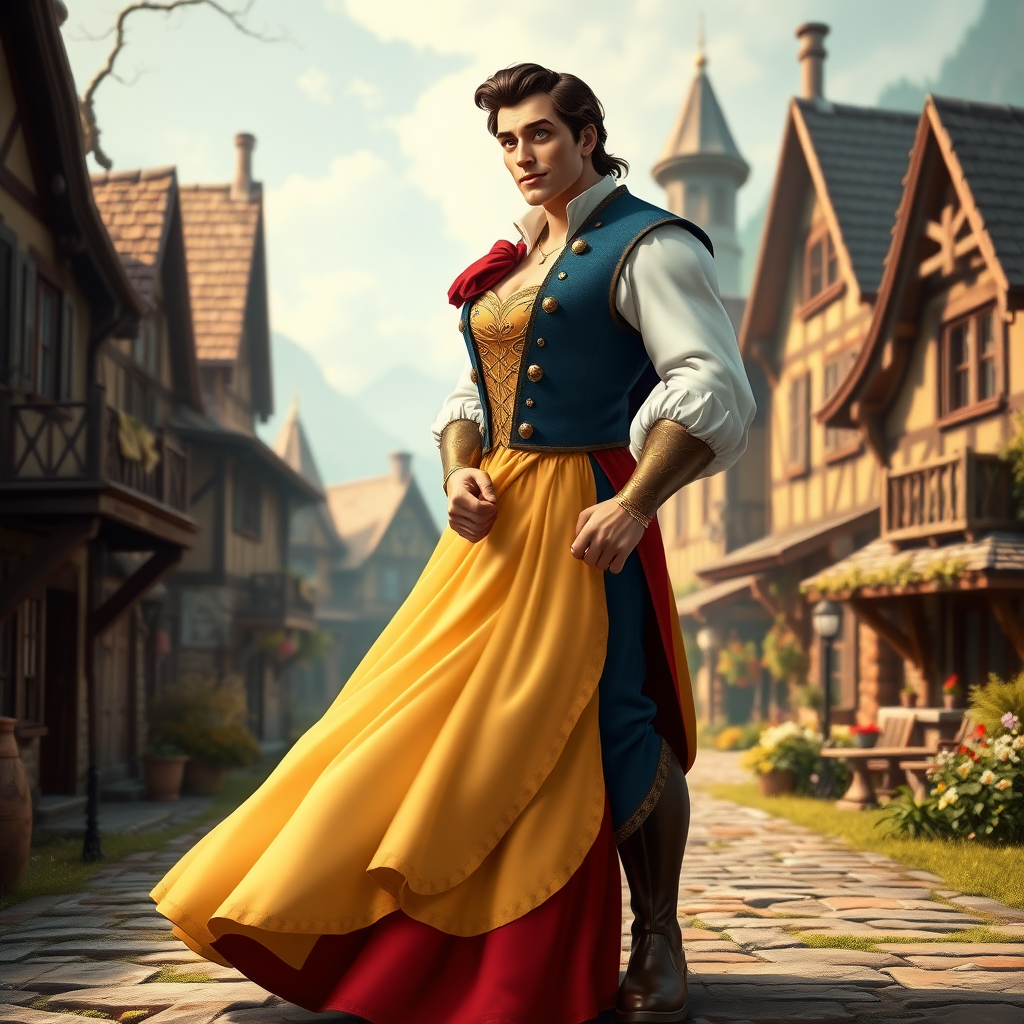 Create a hyperrealistic full-length image of a hybrid character, Belle using the male figure of Gaston for the body. The character should have Belle's distinct facial features and elegant dress combined with Gaston's muscular physique and stance, integrating details from both characters’ attires. Set the scene in an elaborate background combining elements of a charming provincial town and a rustic hunting lodge, capturing the essence and atmosphere of both Belle and Gaston's worlds. Render details meticulously to achieve a seamless blend.