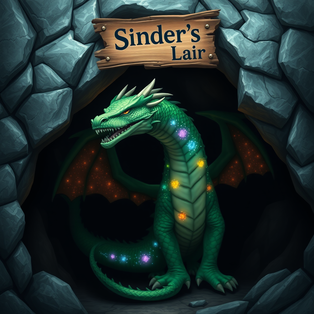 A photo realistic green dragon with rainbow sparkly spots in a dragon cave with a sign above it that says "Sinder's Lair"