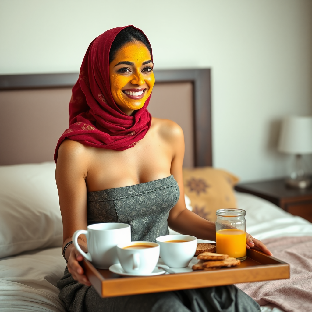 slim, 30 year old, sexy, indian wife, scarf head, turmeric face mask. She is smiling and serving breakfast on a tray on bedside table