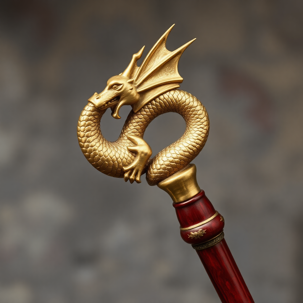 a wizard's staff with a red wooden handle and a tip representing a golden dragon with its tail wrapping around the handle. I want to see the entire object.