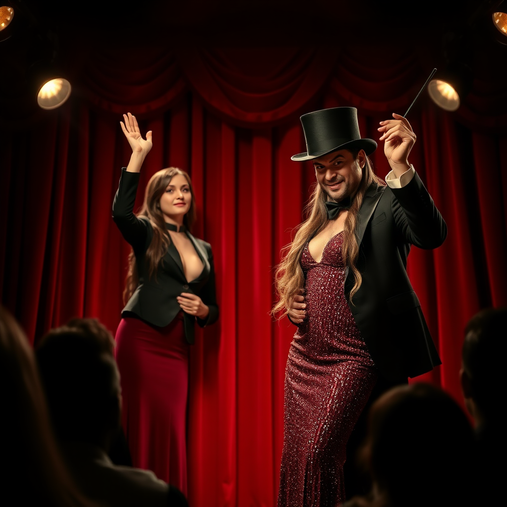 In a dimly lit magician's theater, the atmosphere is thick with anticipation as the audience eagerly awaits the next mesmerizing act. The stage, adorned with luxurious velvet curtains in deep crimson, glimmers under the soft flicker of vintage spotlights. A beautiful female magic assistant, her hair cascading down her back like a shimmering waterfall of silken strands, stands gracefully beside the magician. She wears an elegantly fitted costume that sparkles with silver sequins, catching the light with every subtle movement, while her expressive eyes radiate a mixture of trust and excitement.

As the magician, clad in a classic black tuxedo complete with a top hat, prepares for his grand illusion, the tension in the air is palpable. He raises his hand in a dramatic flourish, and with a flourish of his wand, the ambiance shifts to one of suspense. The audience holds their breath, captivated by the enchanting atmosphere.

In a sudden and theatrical motion, the magician performs the trick, his swift hands executing the illusion with a chilling precision. The moment hangs in the air as he reveals her severed head, the long hair flowing around it like tendrils of midnight. He holds her head high, his expression a mix of pride and showmanship, displaying it to the captivated crowd. The audience gasps in collective astonishment, a blend of awe and disbelief gripping their hearts as the eerie spectacle unfolds, the flickering lights casting unsettling shadows across the stage.

The scent of fresh popcorn mingles with the lingering tension as the magician basks in the triumph of his craft, the cool air vibrating with murmurs of fascination and horror.