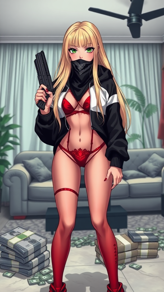 Background of a gang-living room in Miami Florida, Anime, a sexy seductive long-blond hair, green-eyes with makeup eyelashes, wearing a black-white-dark swagger hoodie under a red-bikini and red-gstring thong, red-nails, holding glock-gun in left-hand, bags of cash on floor stolen, bandanna over mouth, standing up