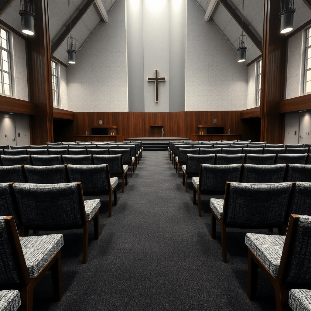 Give me grey fabric benches with a dark wooden frame that are inside a big modern church. The carpet of this church is dark grey. The pulpit is black. don't do chairs, do benches. I said no chairs!!!