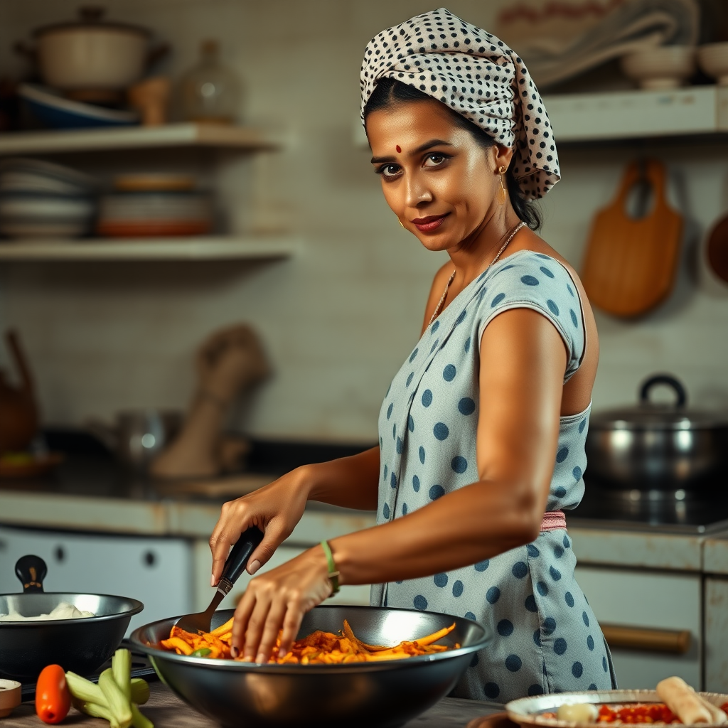 slim, 40 year old, traditional indian wife, dotted towel head, cooking food in kitchen